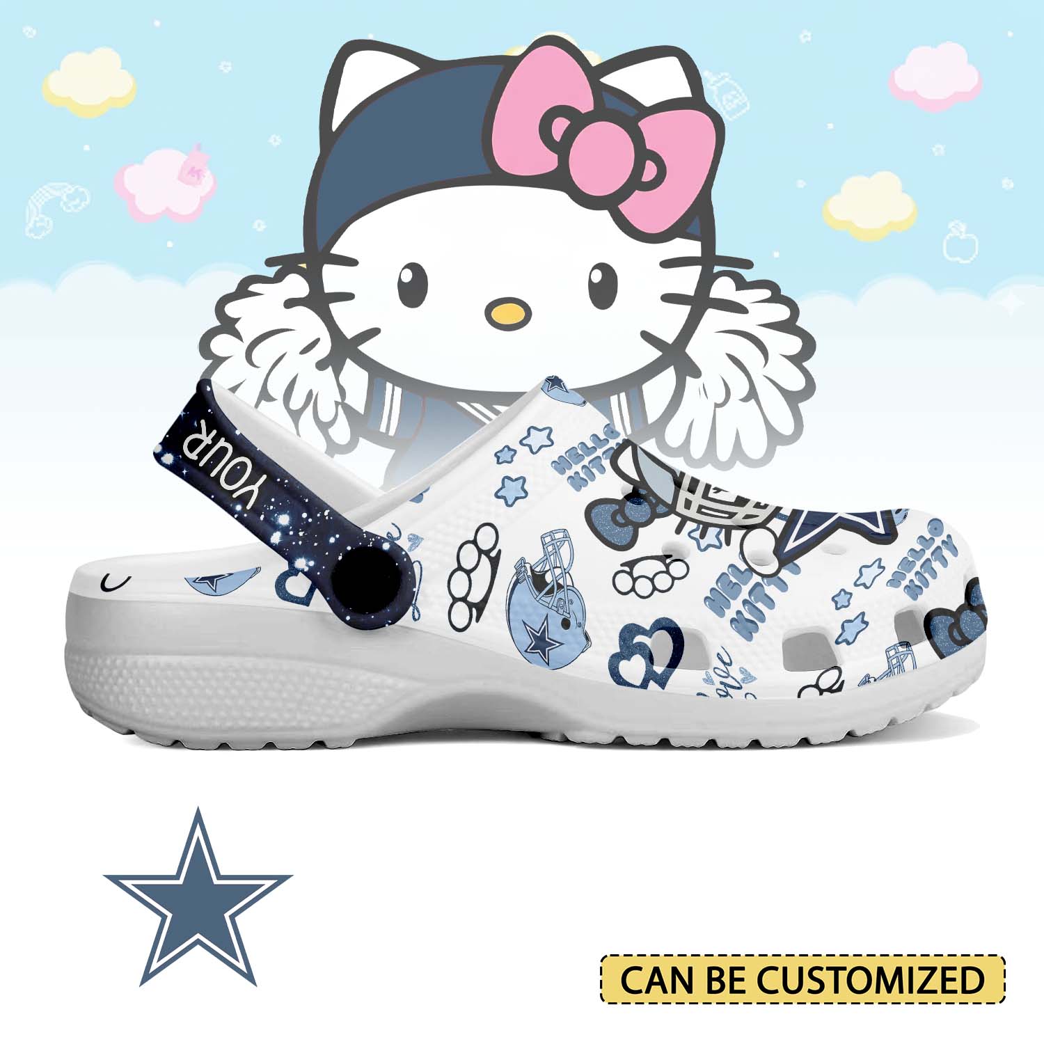Footwearmerch Dallas Cowboys x Hello Kitty Crocs Crocband Clogs Shoes Comfortable For Men Women and Kids