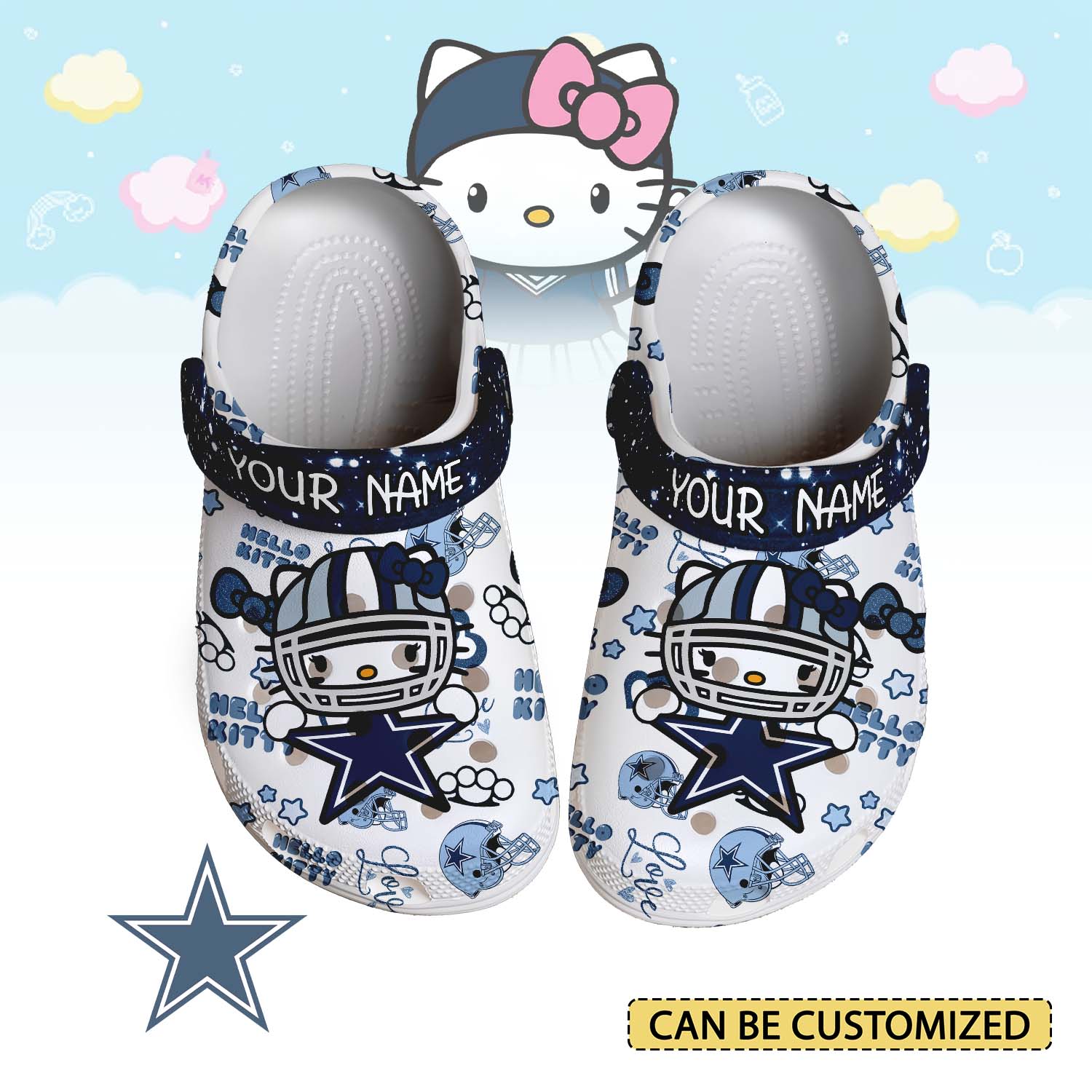 Footwearmerch Dallas Cowboys x Hello Kitty Crocs Crocband Clogs Shoes Comfortable For Men Women and Kids