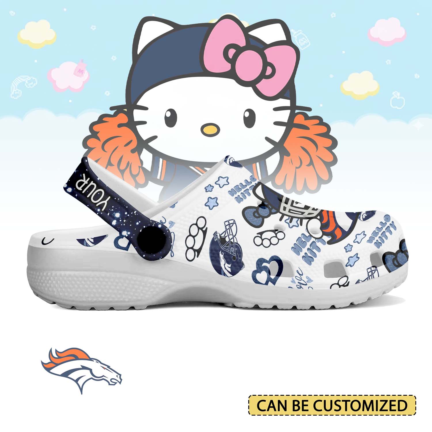 Footwearmerch Denver Broncos x Hello Kitty Crocs Crocband Clogs Shoes Comfortable For Men Women and Kids