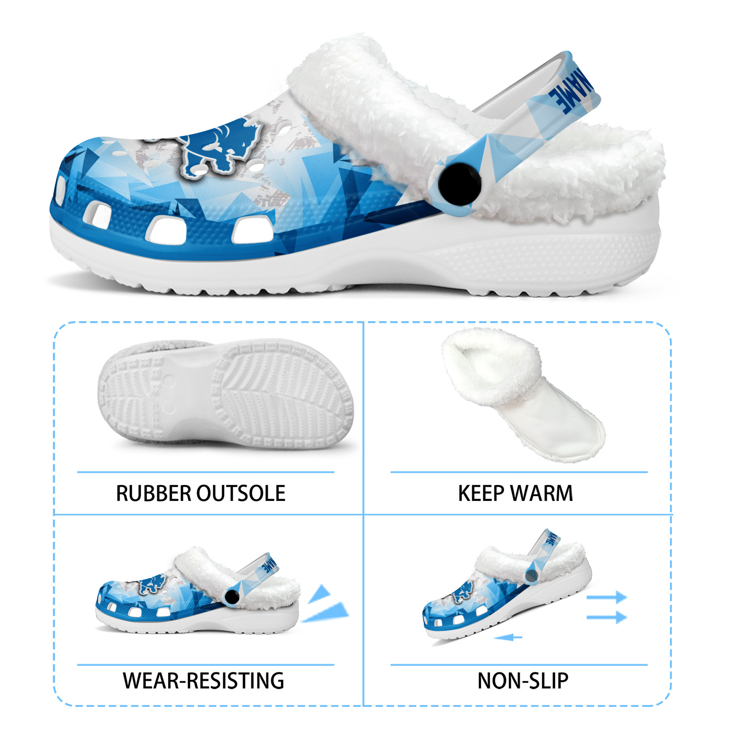Footwearmerch Detroit Lions NFL Crocs Crocband Fleece Lined Clogs Shoes Comfortable For Men Women and Kids In Winter