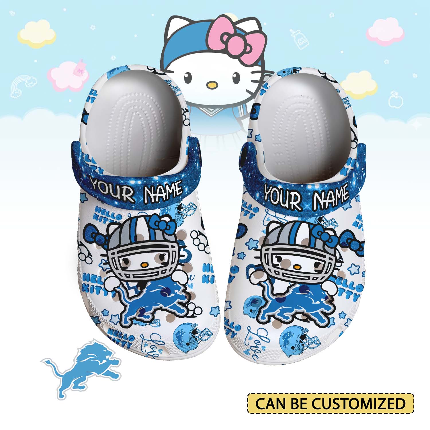 Footwearmerch Detroit Lions x Hello Kitty Crocs Crocband Clogs Shoes Comfortable For Men Women and Kids