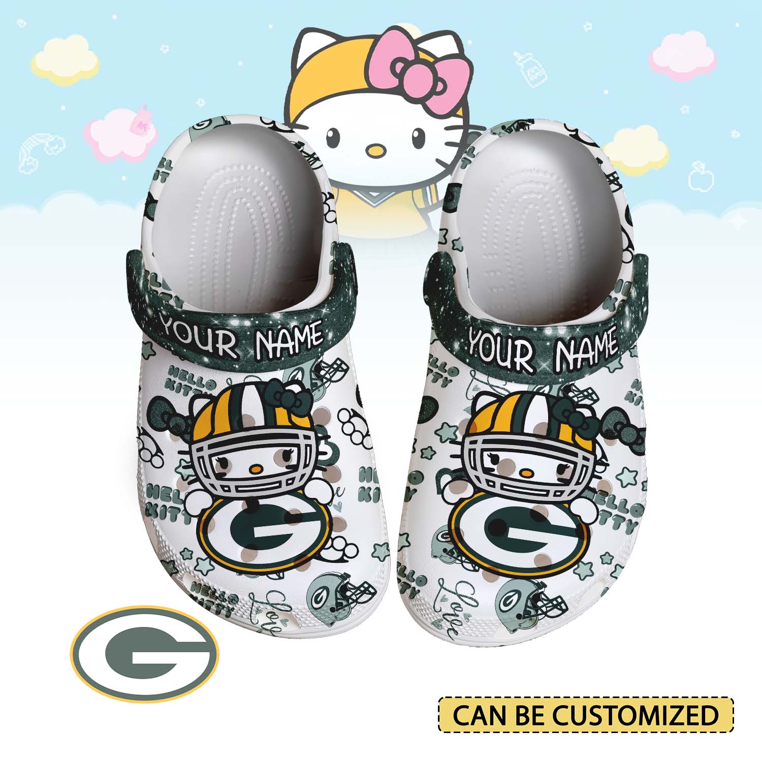 Footwearmerch Green Bay Packers x Hello Kitty Crocs Crocband Clogs Shoes Comfortable For Men Women and Kids