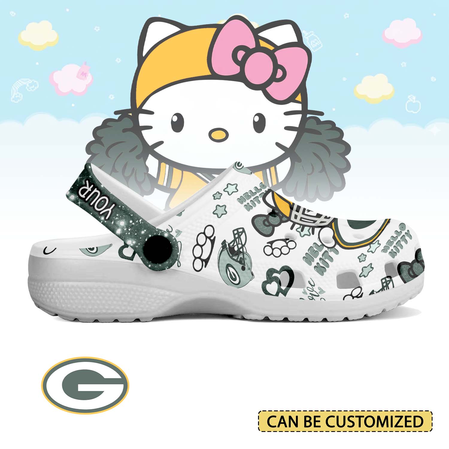 Footwearmerch Green Bay Packers x Hello Kitty Crocs Crocband Clogs Shoes Comfortable For Men Women and Kids