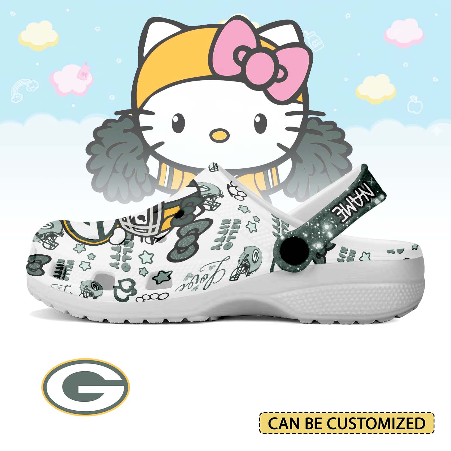 Footwearmerch Green Bay Packers x Hello Kitty Crocs Crocband Clogs Shoes Comfortable For Men Women and Kids