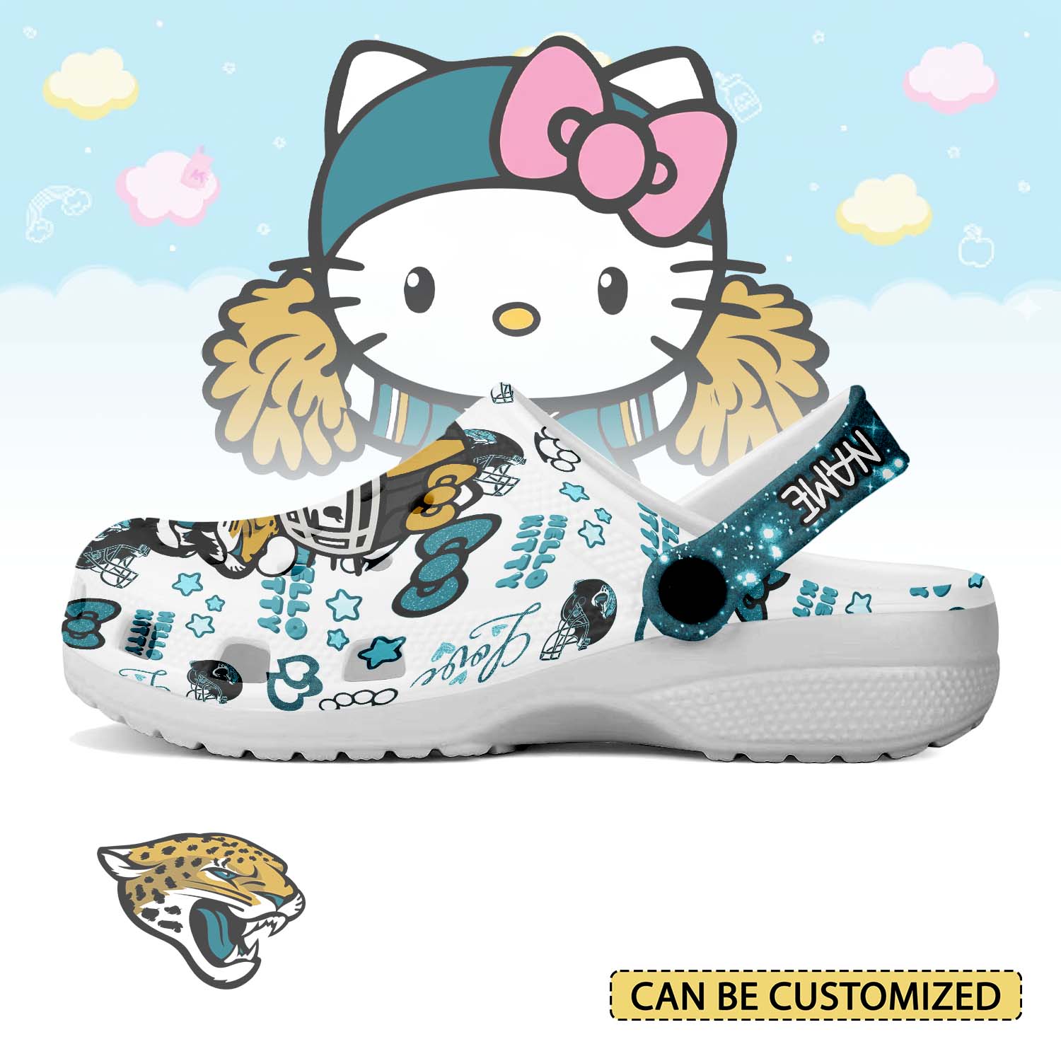 Footwearmerch Jacksonville Jaguars x Hello Kitty Crocs Crocband Clogs Shoes Comfortable For Men Women and Kids
