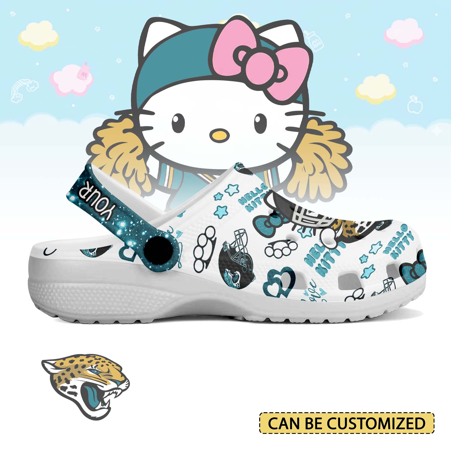 Footwearmerch Jacksonville Jaguars x Hello Kitty Crocs Crocband Clogs Shoes Comfortable For Men Women and Kids