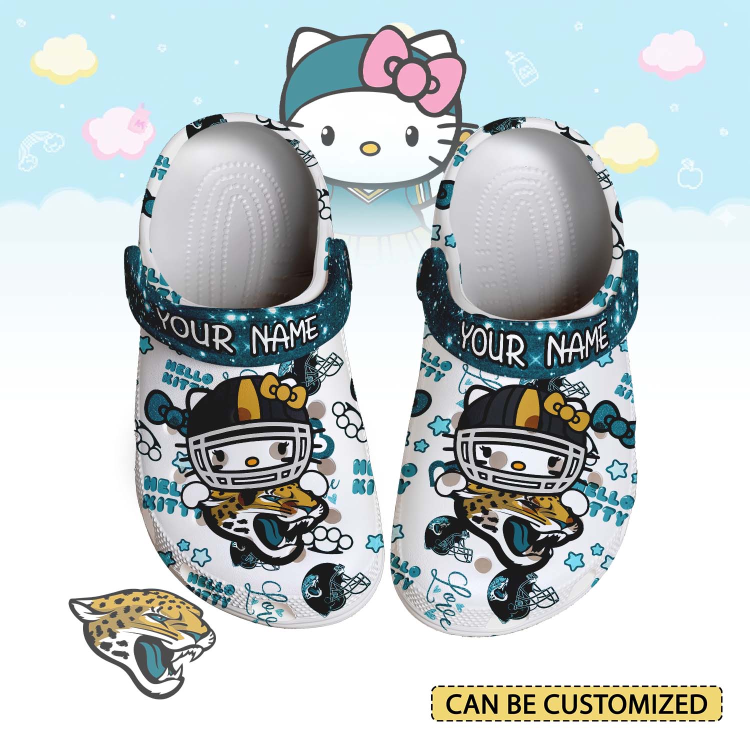 Footwearmerch Jacksonville Jaguars x Hello Kitty Crocs Crocband Clogs Shoes Comfortable For Men Women and Kids