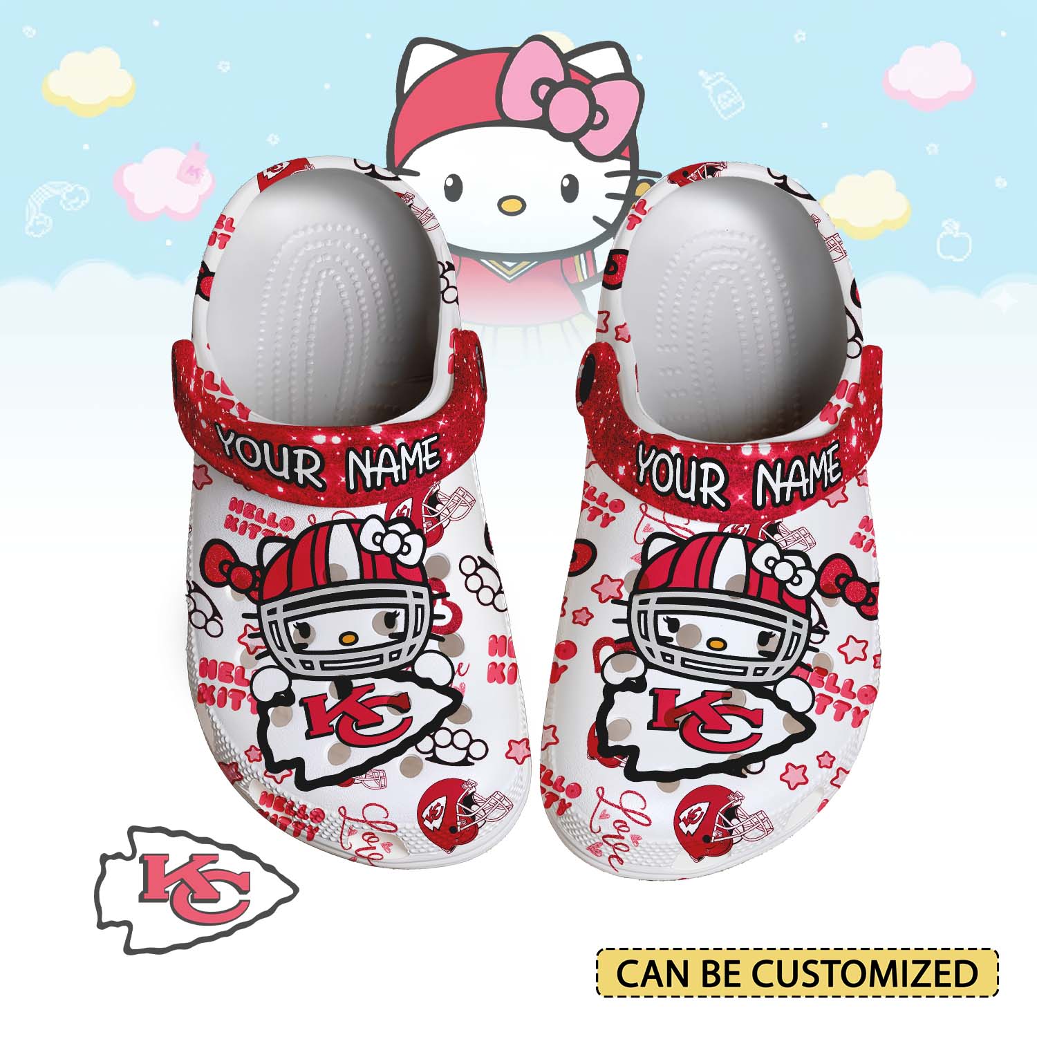 Footwearmerch Kansas City Chiefs x Hello Kitty Crocs Crocband Clogs Shoes Comfortable For Men Women and Kids