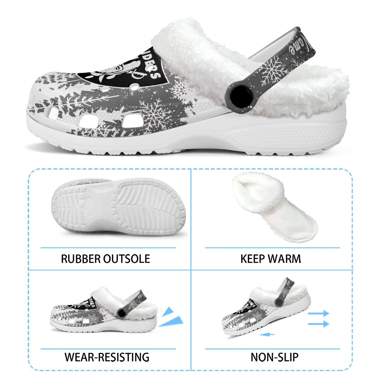 Footwearmerch Las Vegas Raiders NFL Crocs Crocband Fleece Lined Clogs Shoes Comfortable For Men Women and Kids In Winter