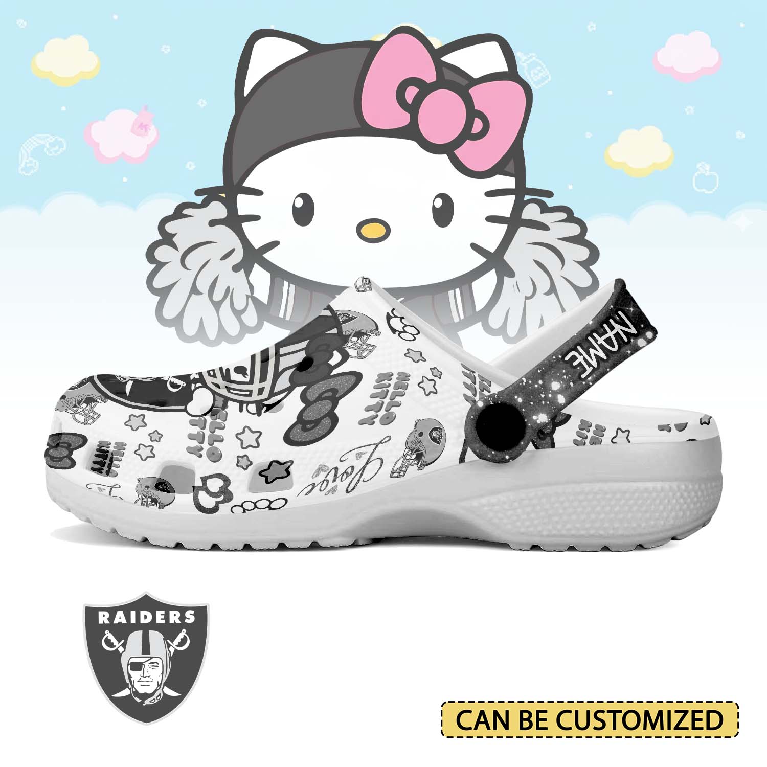 Footwearmerch Las Vegas Raiders x Hello Kitty Crocs Crocband Clogs Shoes Comfortable For Men Women and Kids