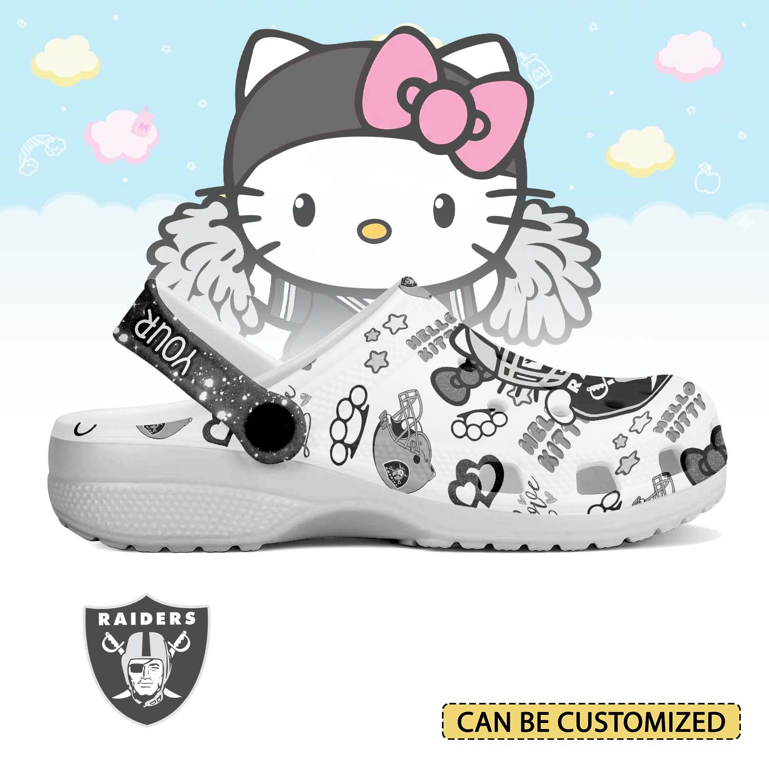 Footwearmerch Las Vegas Raiders x Hello Kitty Crocs Crocband Clogs Shoes Comfortable For Men Women and Kids