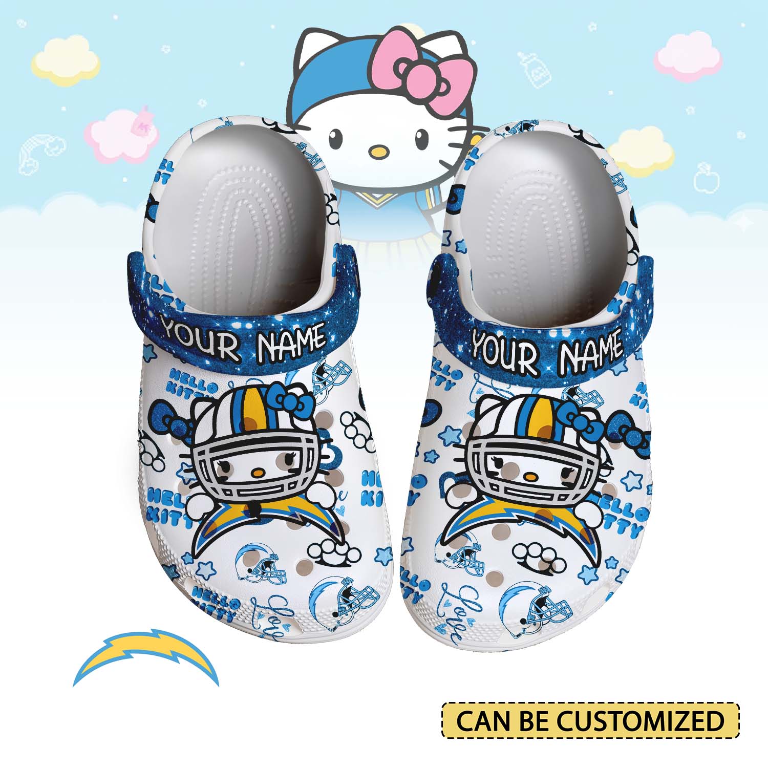 Footwearmerch Los Angeles Chargers x Hello Kitty Crocs Crocband Clogs Shoes Comfortable For Men Women and Kids