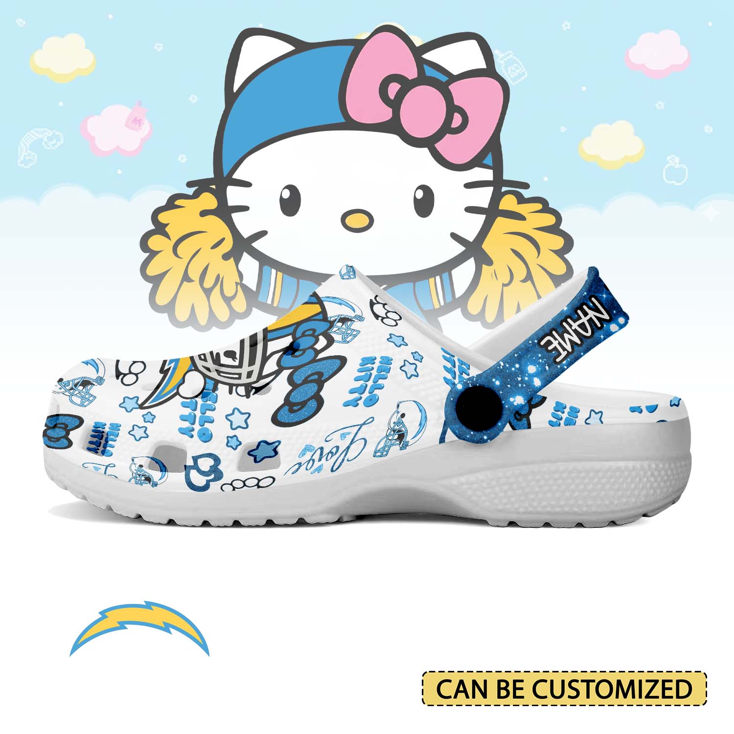Footwearmerch Los Angeles Chargers x Hello Kitty Crocs Crocband Clogs Shoes Comfortable For Men Women and Kids