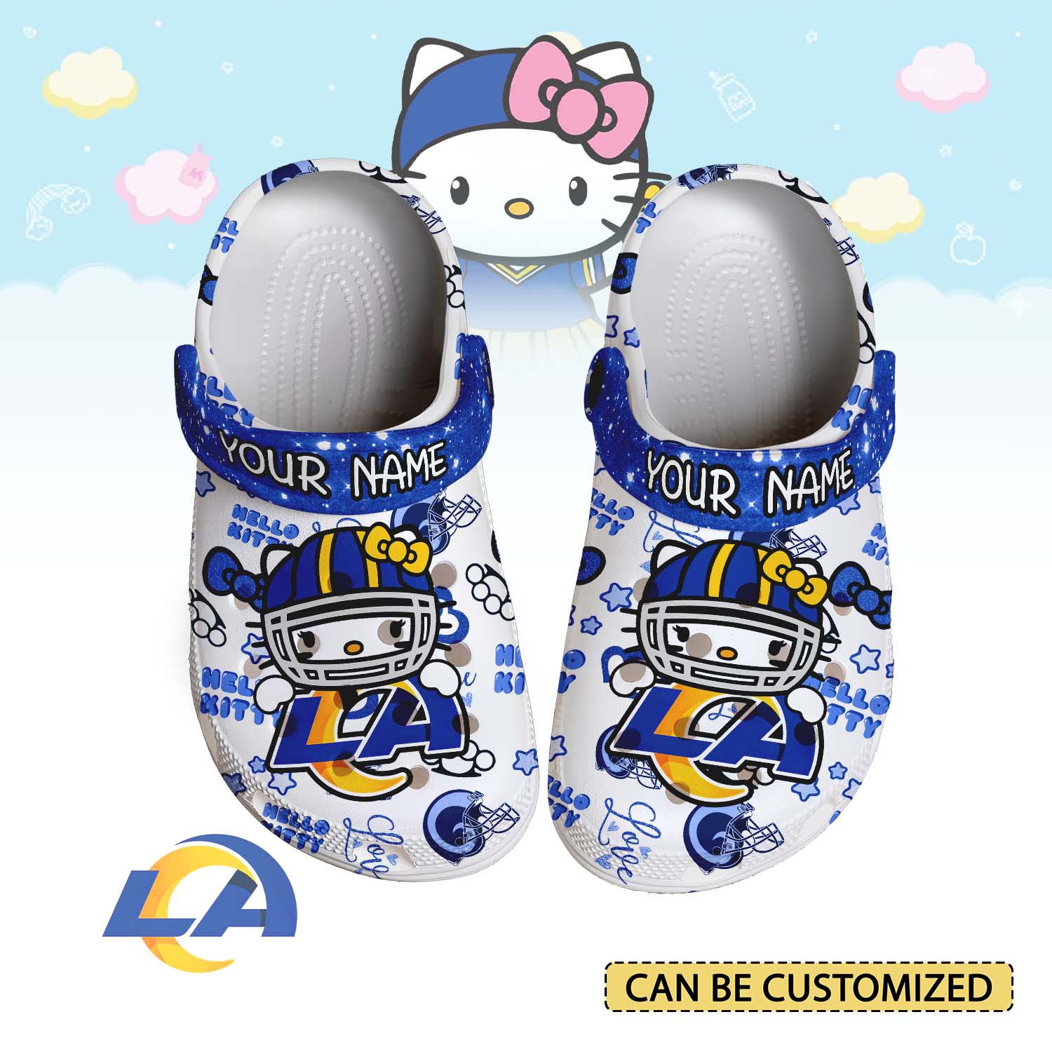 Footwearmerch Los Angeles Rams x Hello Kitty Crocs Crocband Clogs Shoes Comfortable For Men Women and Kids