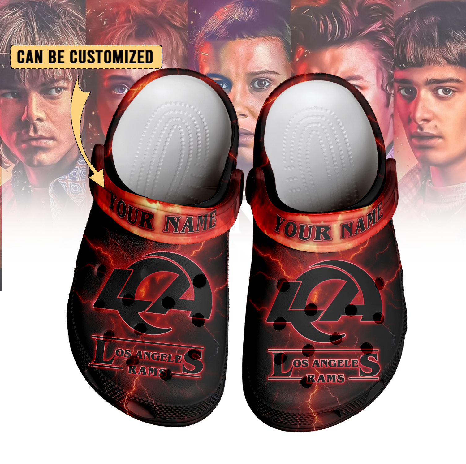 Footwearmerch Los Angeles Rams x Stranger Things Crocs Crocband Clogs Shoes Comfortable For Men Women and Kids
