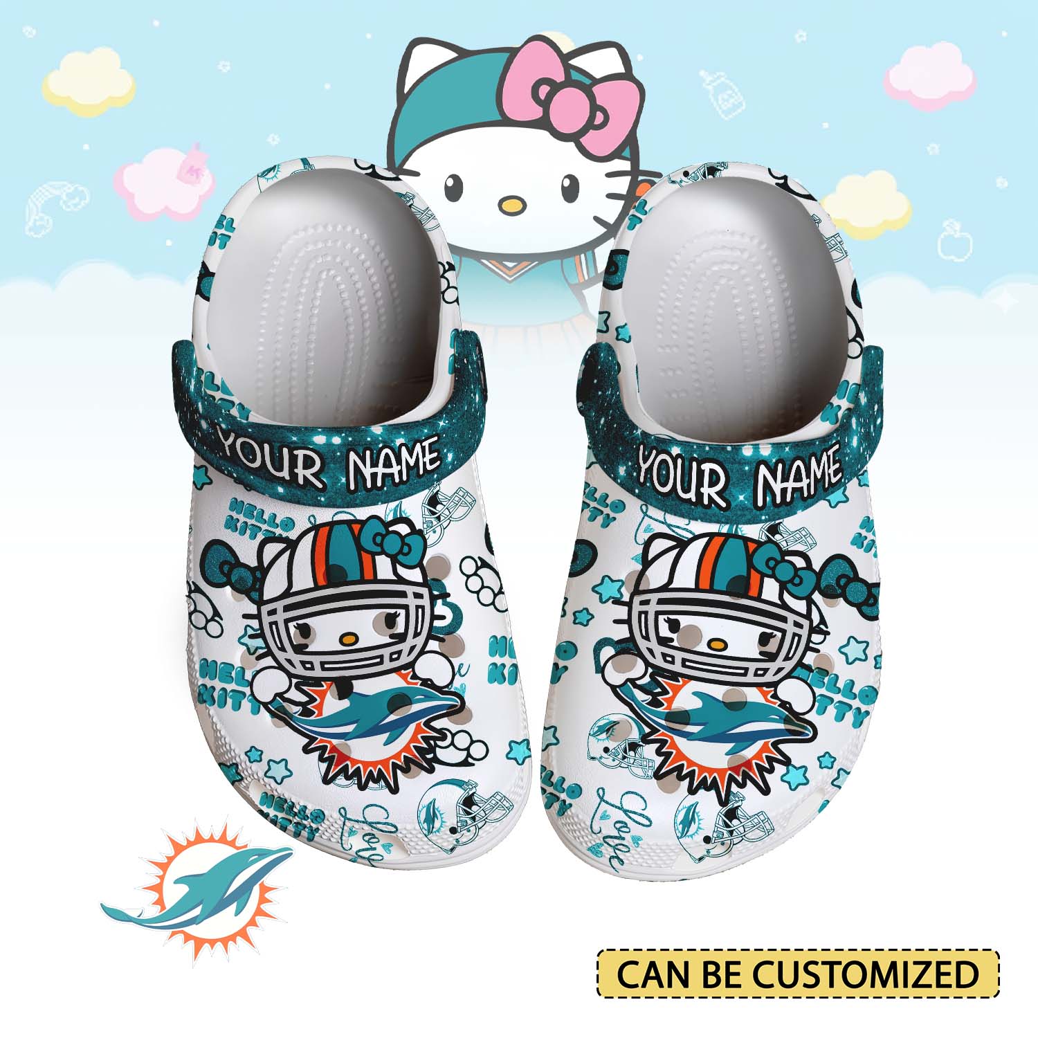 Footwearmerch Miami Dolphins x Hello Kitty Crocs Crocband Clogs Shoes Comfortable For Men Women and Kids