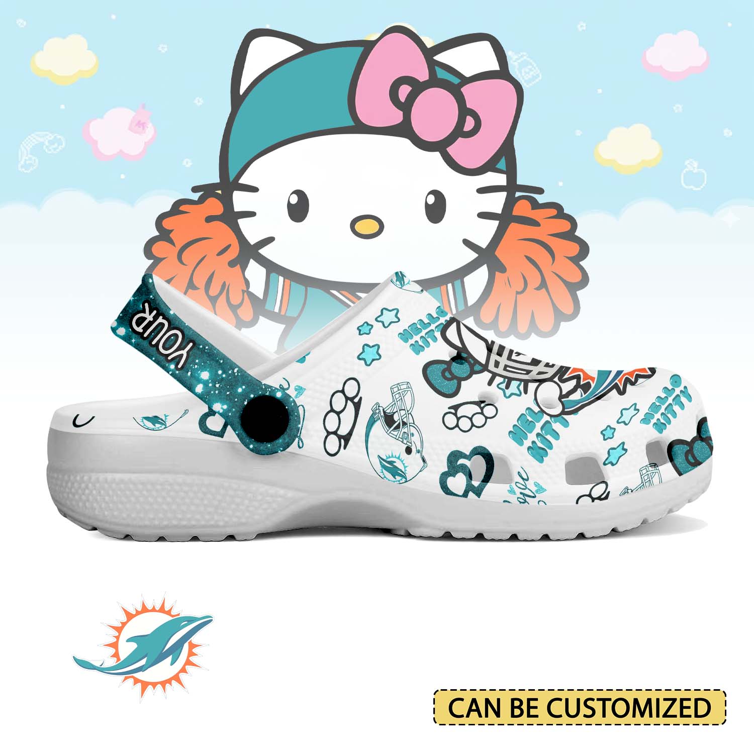 Footwearmerch Miami Dolphins x Hello Kitty Crocs Crocband Clogs Shoes Comfortable For Men Women and Kids