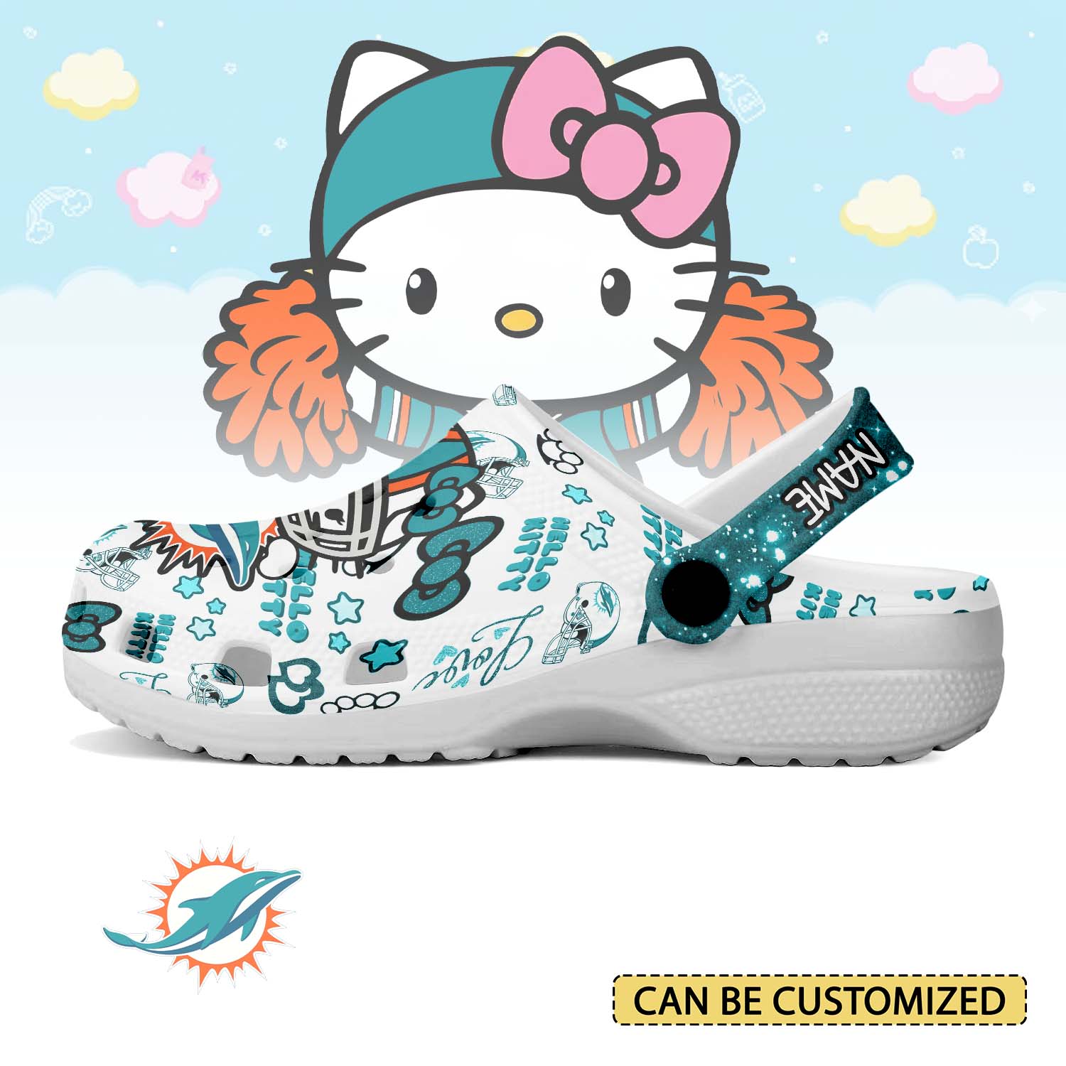 Footwearmerch Miami Dolphins x Hello Kitty Crocs Crocband Clogs Shoes Comfortable For Men Women and Kids
