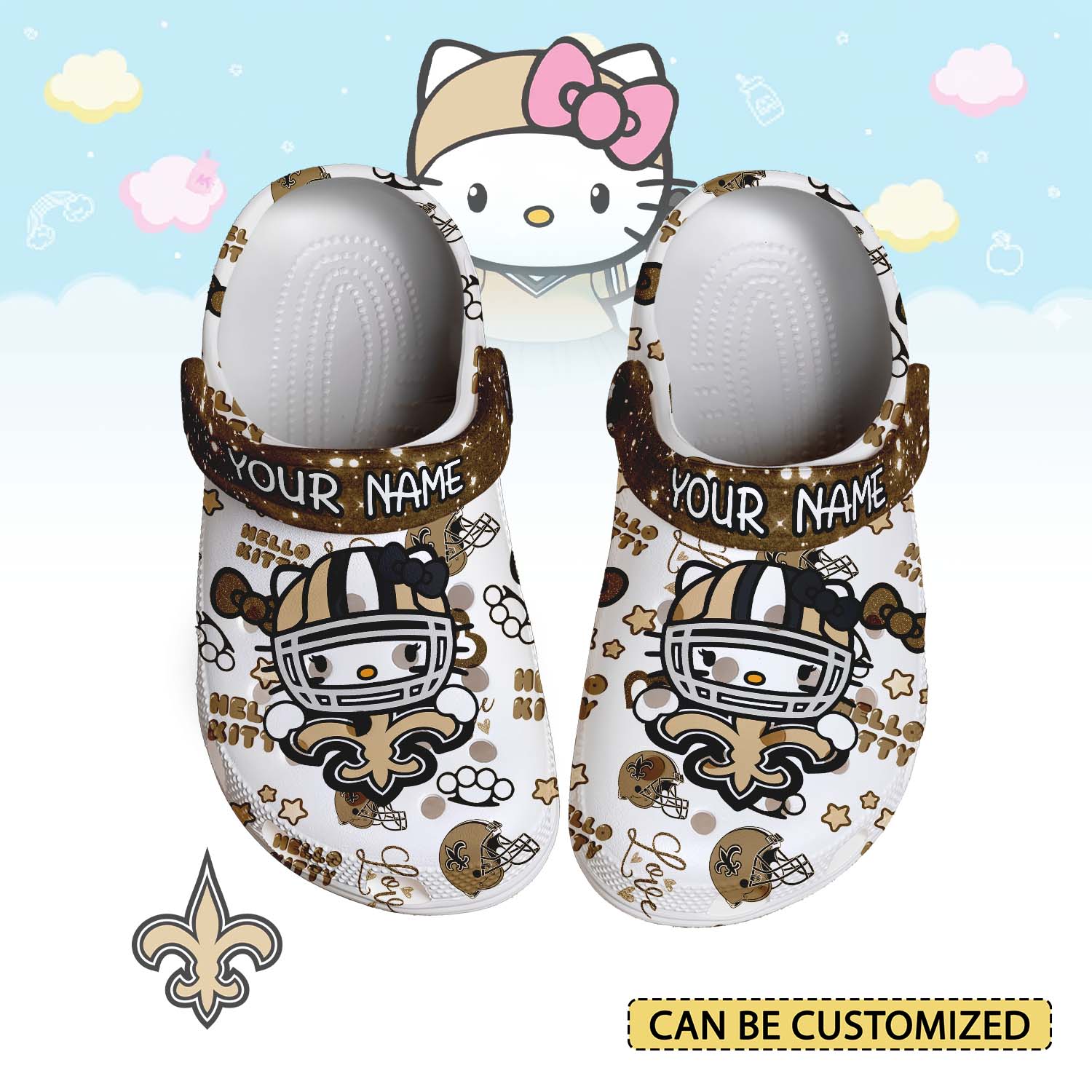 Footwearmerch New Orleans Saints x Hello Kitty Crocs Crocband Clogs Shoes Comfortable For Men Women and Kids