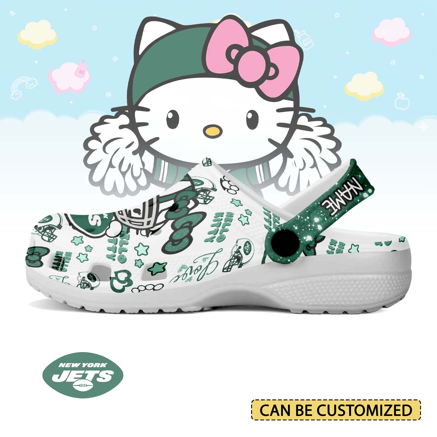 Footwearmerch New York Jets x Hello Kitty Crocs Crocband Clogs Shoes Comfortable For Men Women and Kids