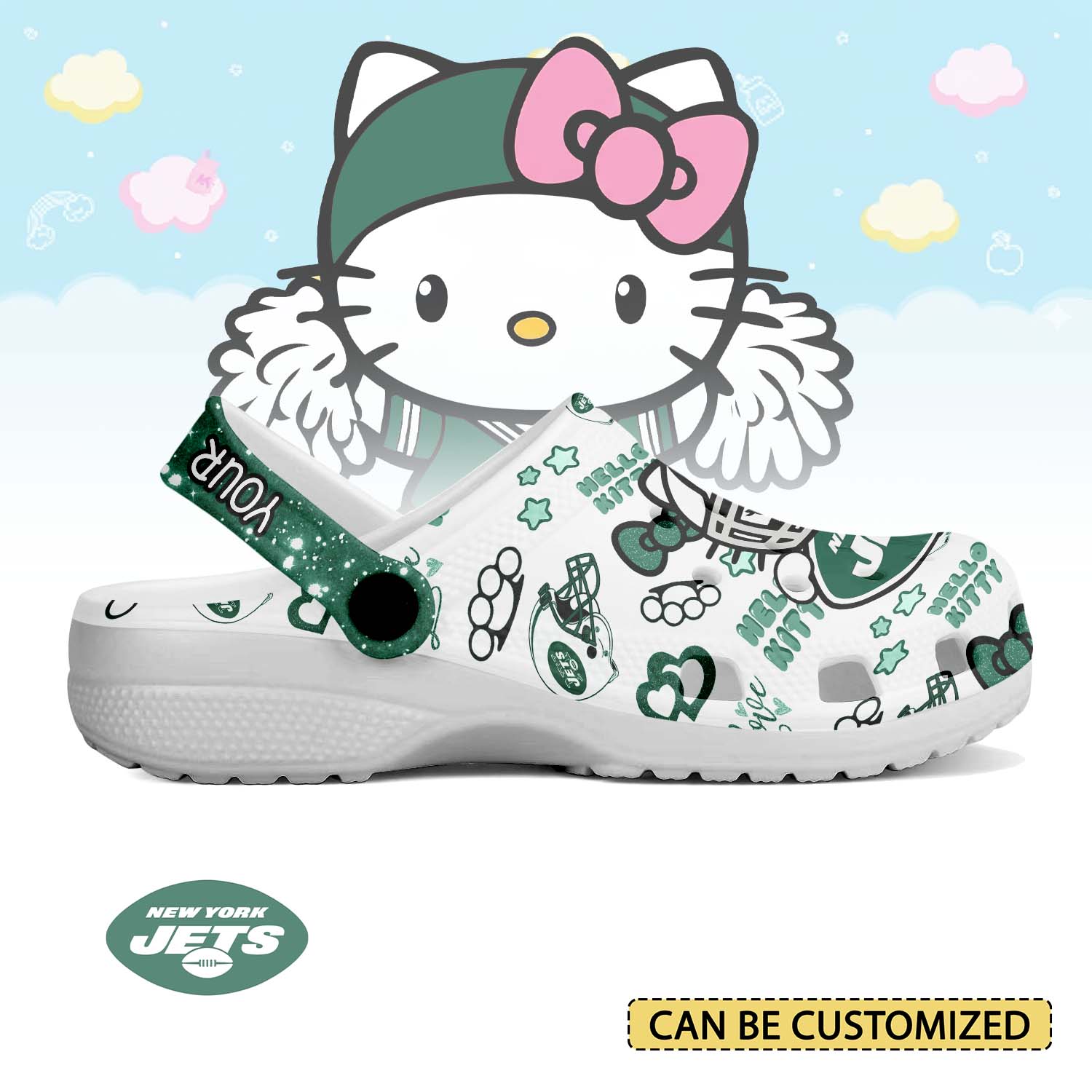Footwearmerch New York Jets x Hello Kitty Crocs Crocband Clogs Shoes Comfortable For Men Women and Kids