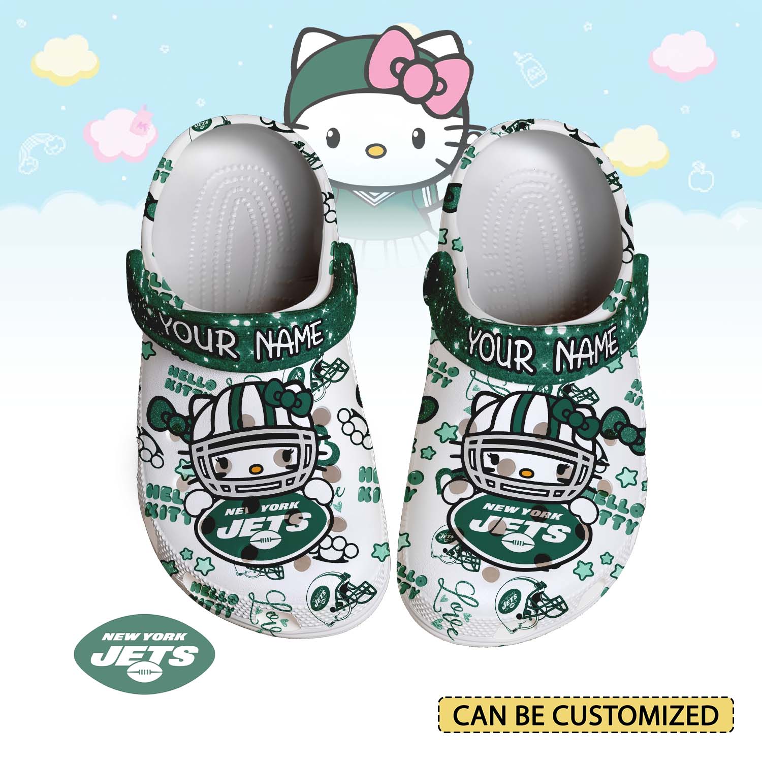 Footwearmerch New York Jets x Hello Kitty Crocs Crocband Clogs Shoes Comfortable For Men Women and Kids