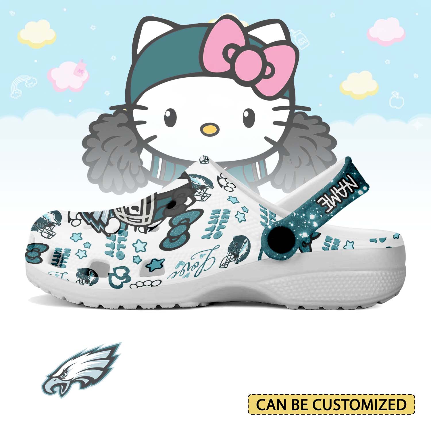 Footwearmerch Philadelphia Eagles x Hello Kitty Crocs Crocband Clogs Shoes Comfortable For Men Women and Kids