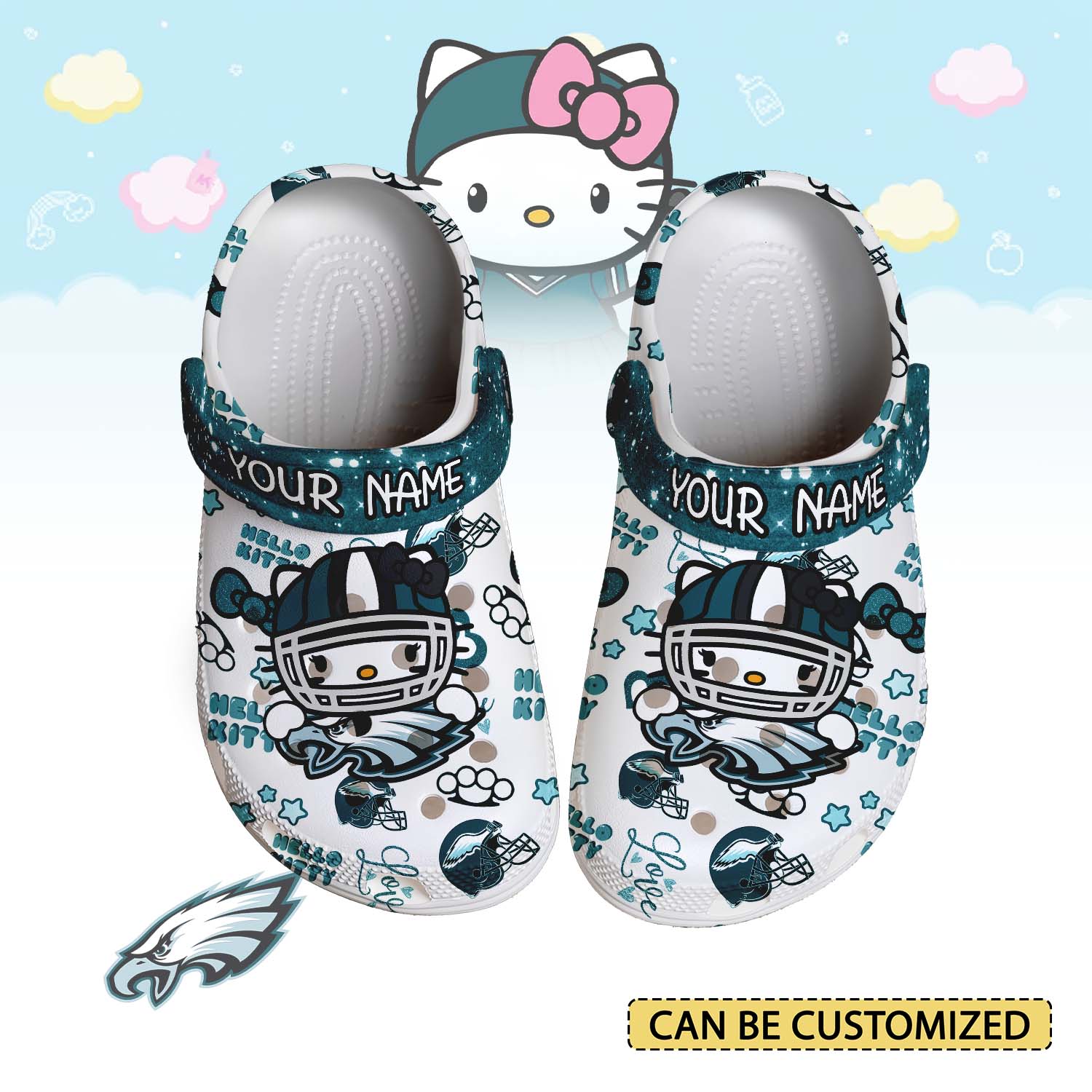 Footwearmerch Philadelphia Eagles x Hello Kitty Crocs Crocband Clogs Shoes Comfortable For Men Women and Kids