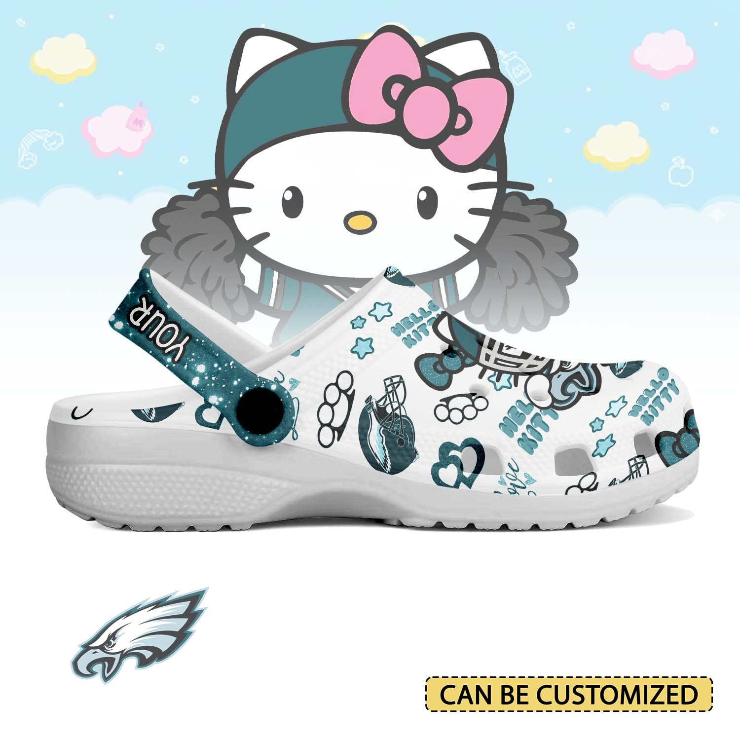 Footwearmerch Philadelphia Eagles x Hello Kitty Crocs Crocband Clogs Shoes Comfortable For Men Women and Kids