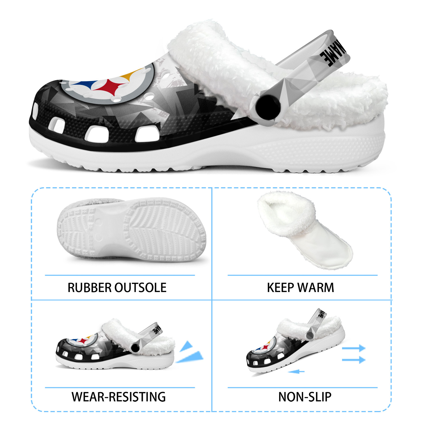 Footwearmerch Pittsburgh Steelers NFL Crocs Crocband Fleece Lined Clogs Shoes Comfortable For Men Women and Kids In Winter