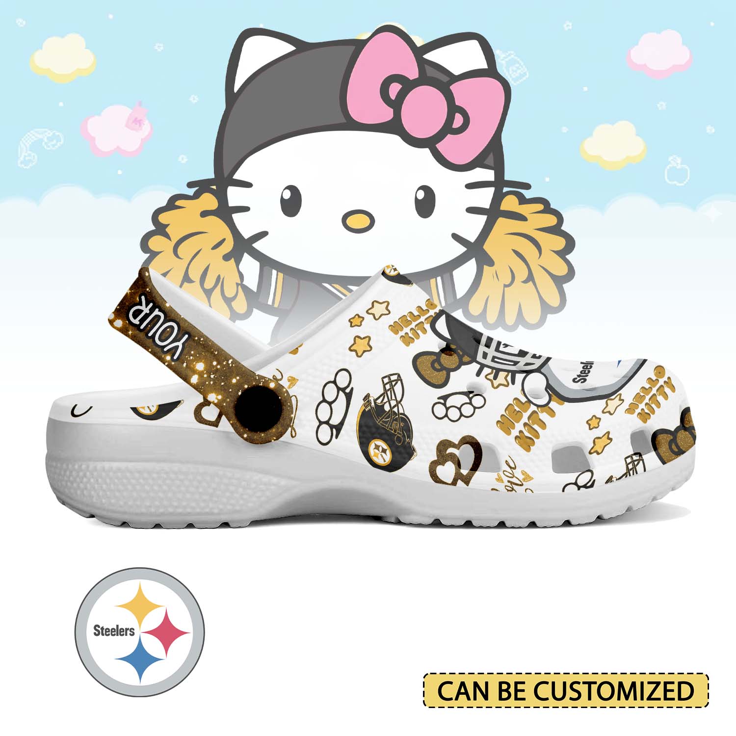 Footwearmerch Pittsburgh Steelers x Hello Kitty Crocs Crocband Clogs Shoes Comfortable For Men Women and Kids