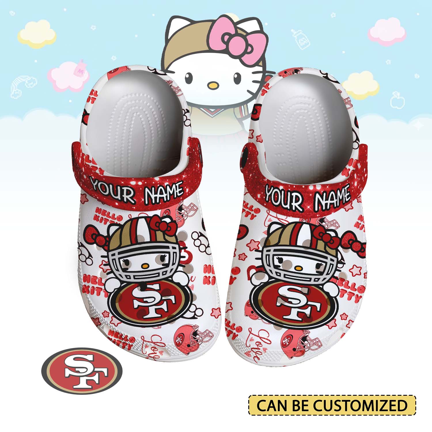 Footwearmerch San Francisco 49ers x Hello Kitty Crocs Crocband Clogs Shoes Comfortable For Men Women and Kids