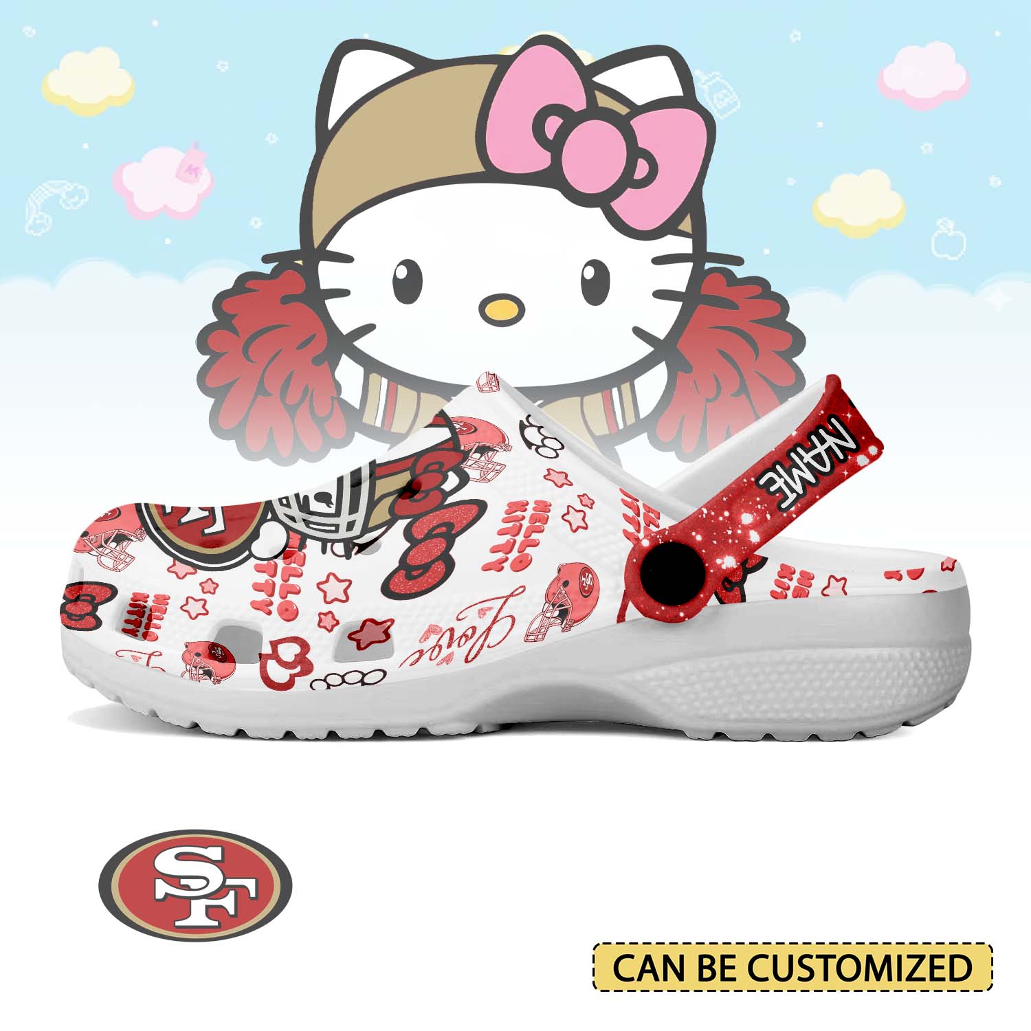 Footwearmerch San Francisco 49ers x Hello Kitty Crocs Crocband Clogs Shoes Comfortable For Men Women and Kids