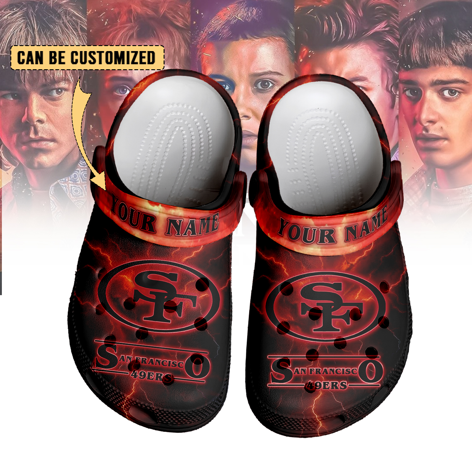 Footwearmerch San Francisco 49ers x Stranger Things Crocs Crocband Clogs Shoes Comfortable For Men Women and Kids
