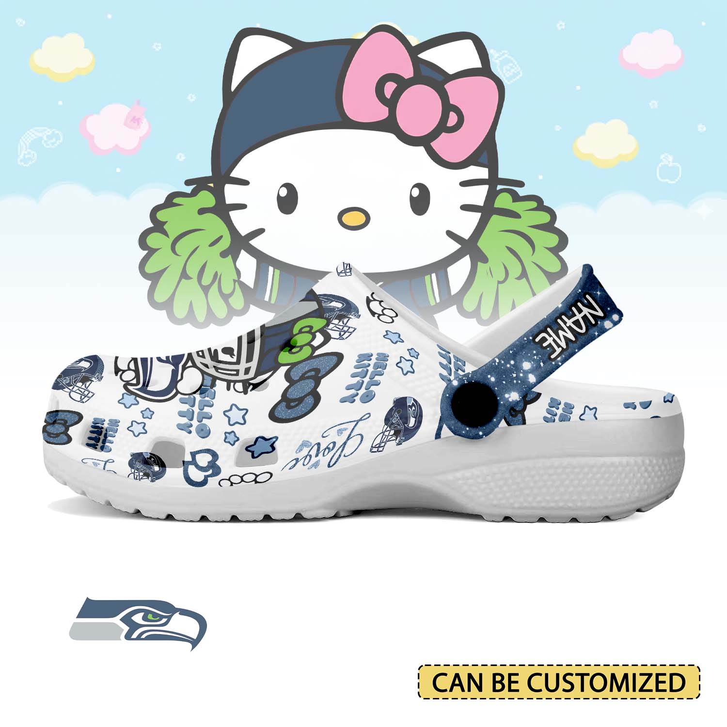 Footwearmerch Seattle Seahawks x Hello Kitty Crocs Crocband Clogs Shoes Comfortable For Men Women and Kids