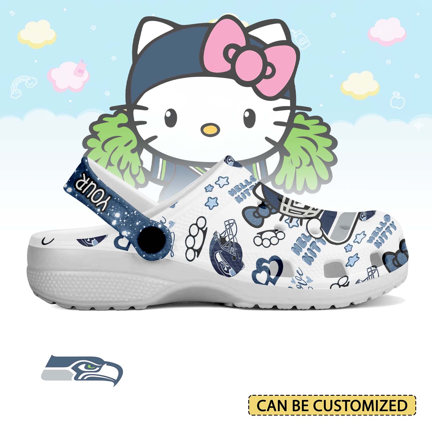 Footwearmerch Seattle Seahawks x Hello Kitty Crocs Crocband Clogs Shoes Comfortable For Men Women and Kids