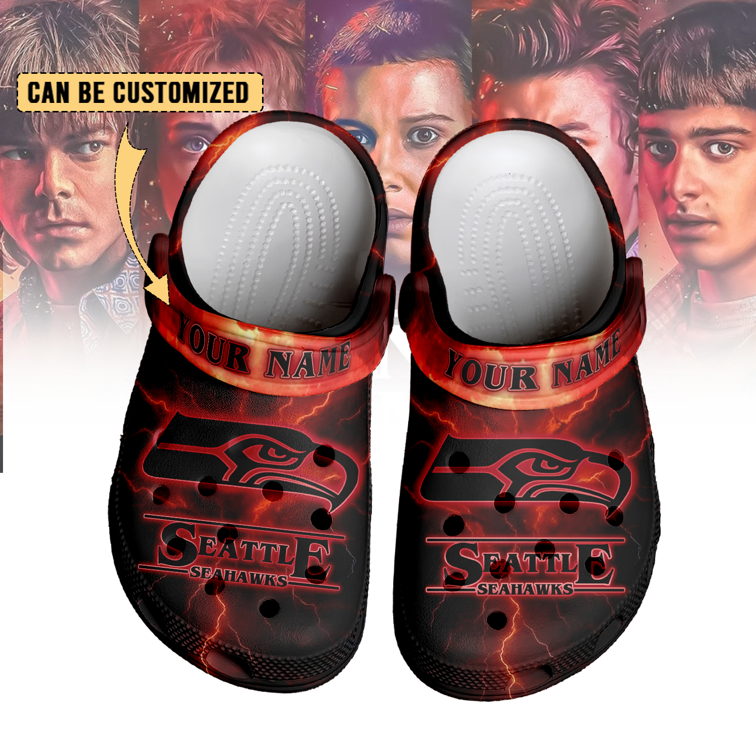 Footwearmerch Seattle Seahawks x Stranger Things Crocs Crocband Clogs Shoes Comfortable For Men Women and Kids