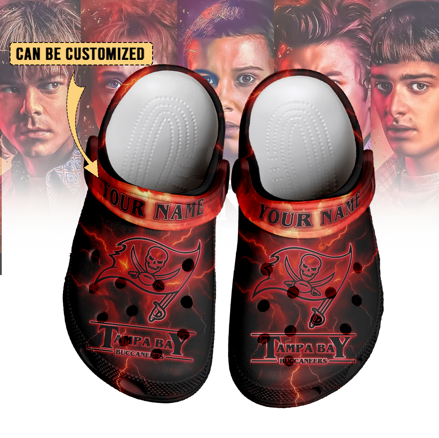 Footwearmerch Tampa Bay Buccaneers x Stranger Things Crocs Crocband Clogs Shoes Comfortable For Men Women and Kids