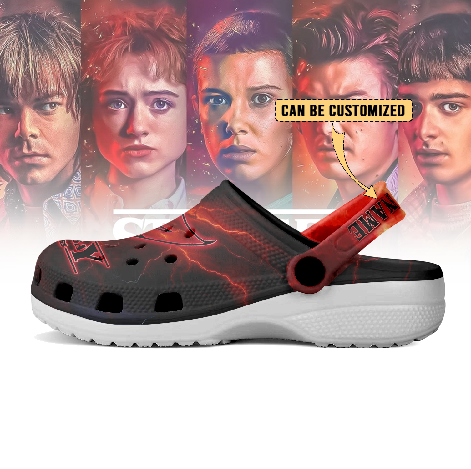 Footwearmerch Tampa Bay Buccaneers x Stranger Things Crocs Crocband Clogs Shoes Comfortable For Men Women and Kids