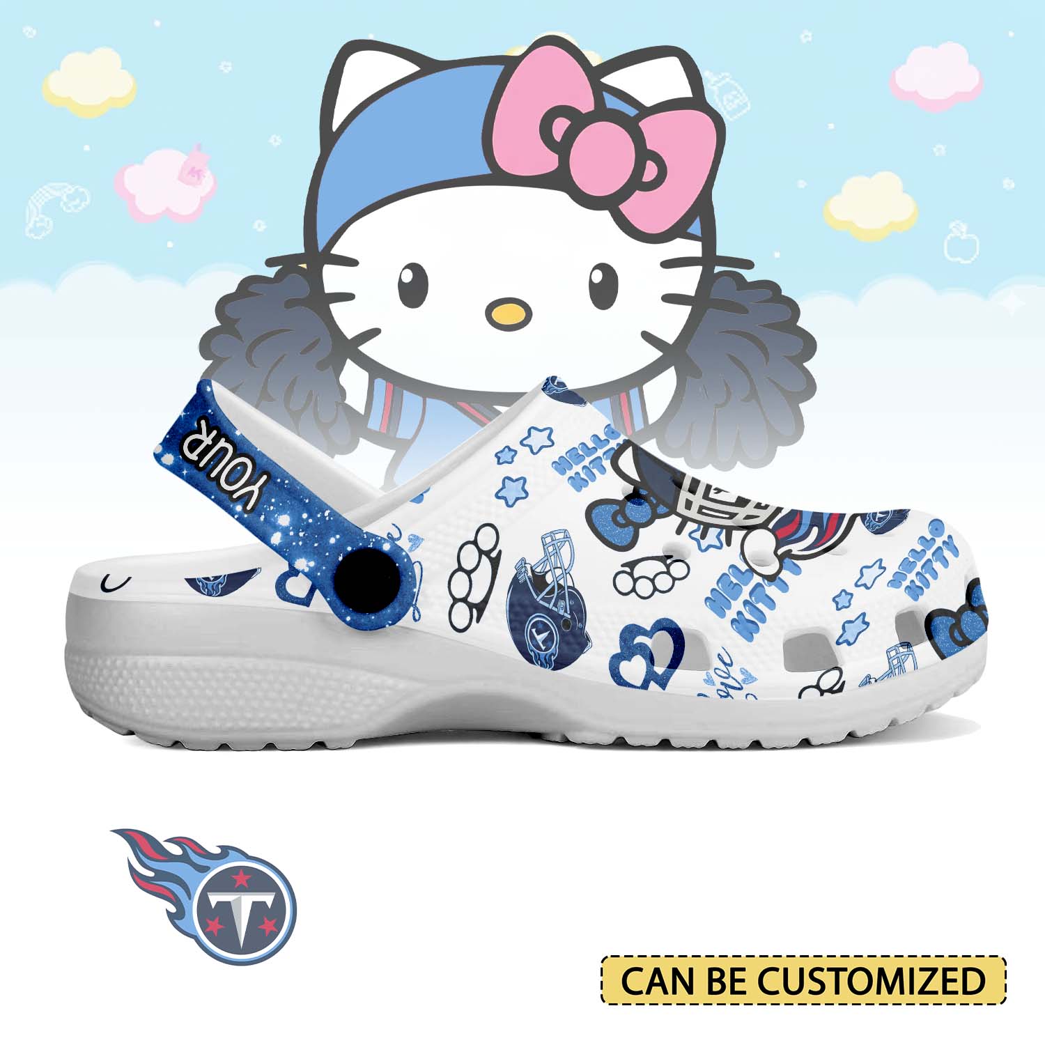 Footwearmerch Tennessee Titans x Hello Kitty Crocs Crocband Clogs Shoes Comfortable For Men Women and Kids