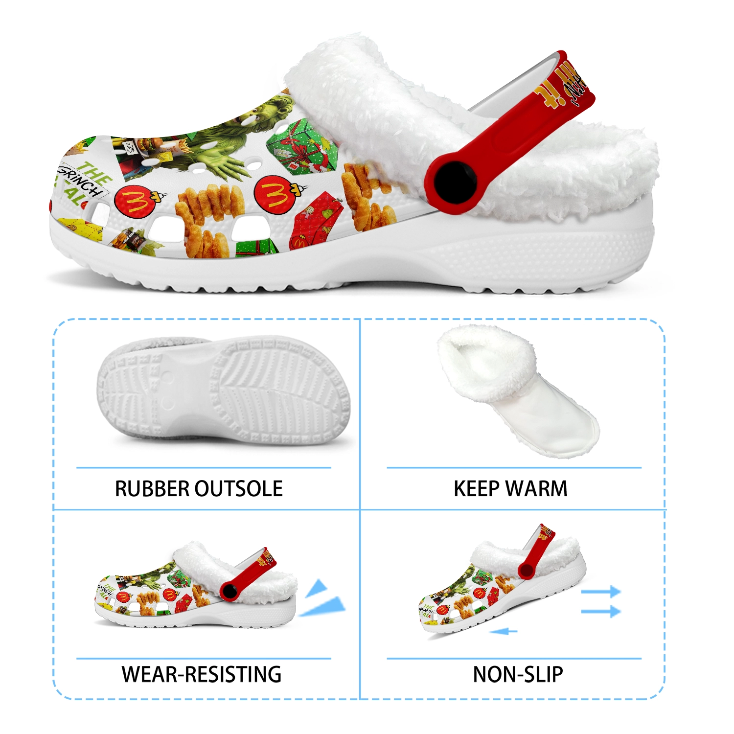 Footwearmerch The Grinch x Mcdonald's Crocs Crocband Fleece Lined Clogs Shoes Comfortable For Men Women and Kids In Winter