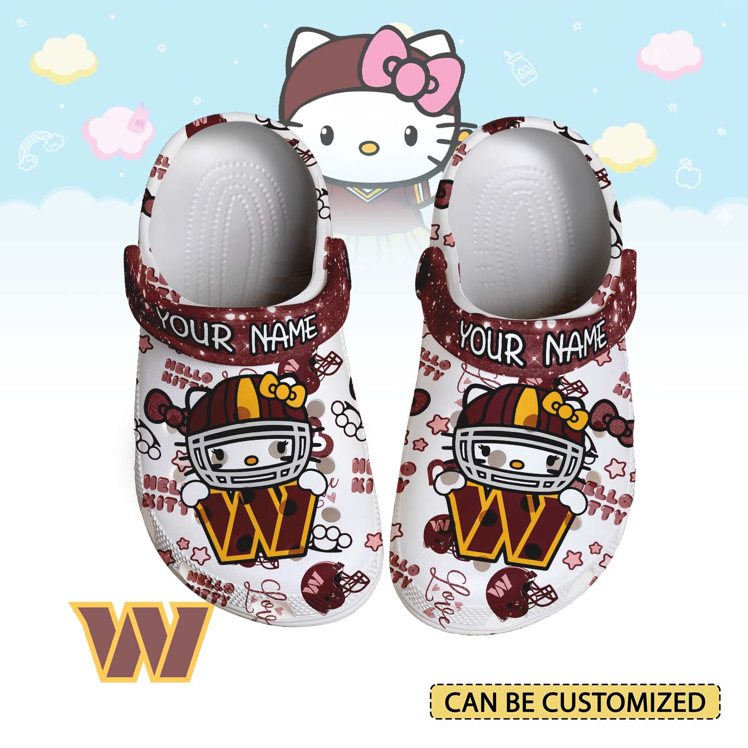Footwearmerch Washington Commanders x Hello Kitty Crocs Crocband Clogs Shoes Comfortable For Men Women and Kids