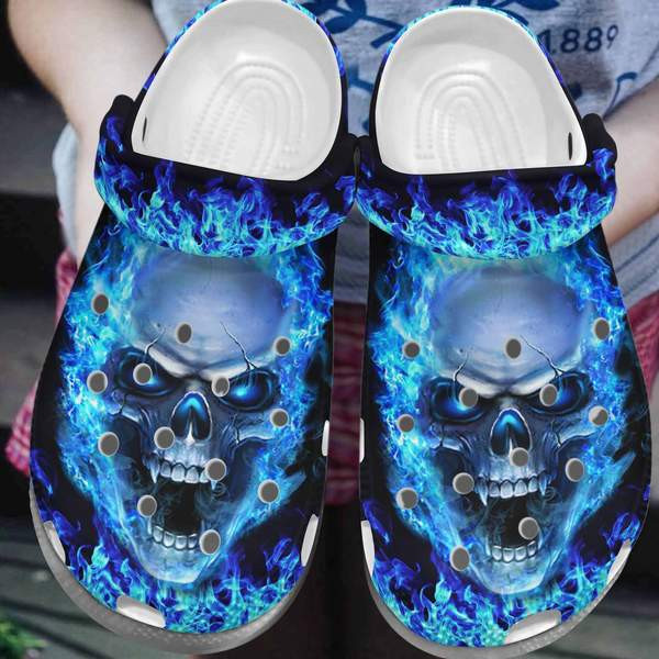 Footwearmerch Blue Fire Skull clog Shoesshoes Skull Shoes Crocbland Clog Gifts For Men Son