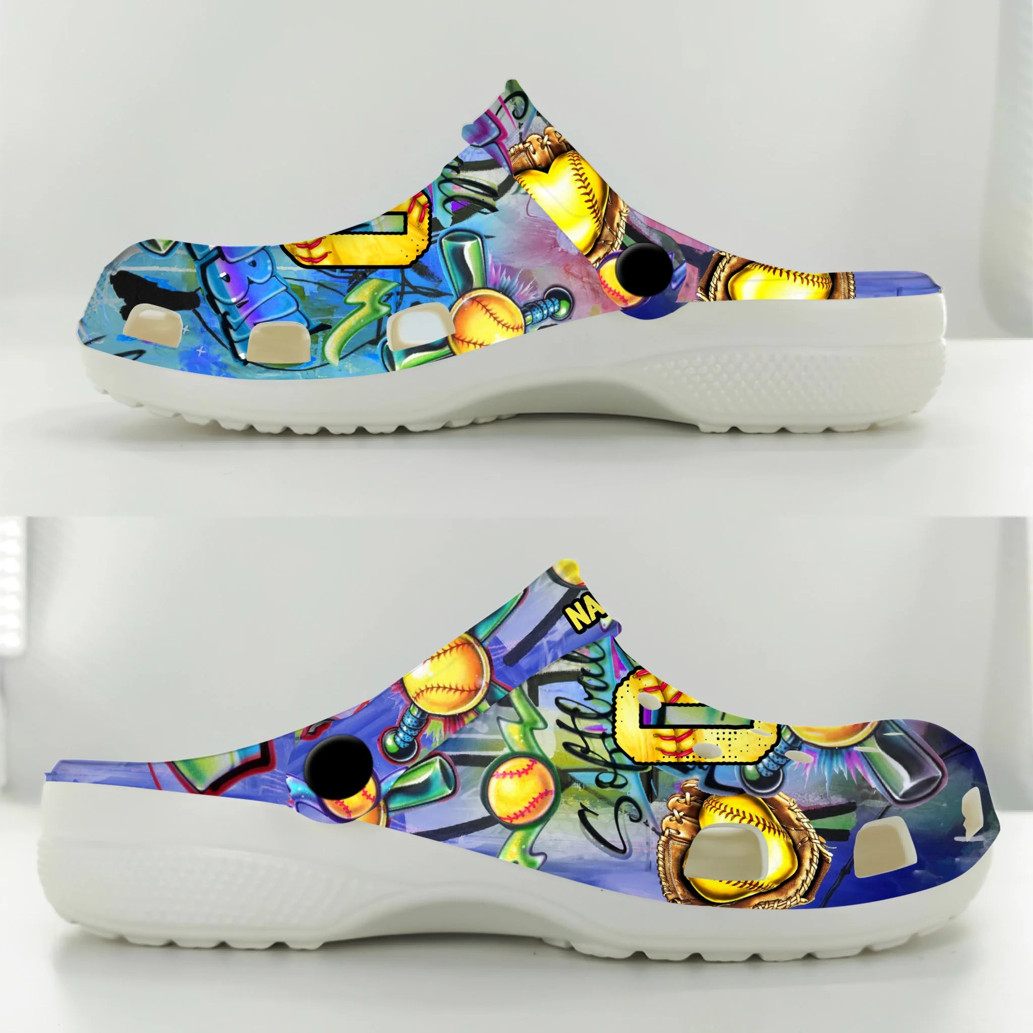 Footwearmerch Blue Graffiti Softball Sport Crocs Crocband Clogs Shoes Comfortable For Men Women and Kids
