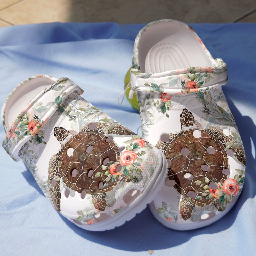 Footwearmerch Charming Sea Turtle With Flowers Shoes - Sea Turtle In The Ocean Shoes Clog For Women Men