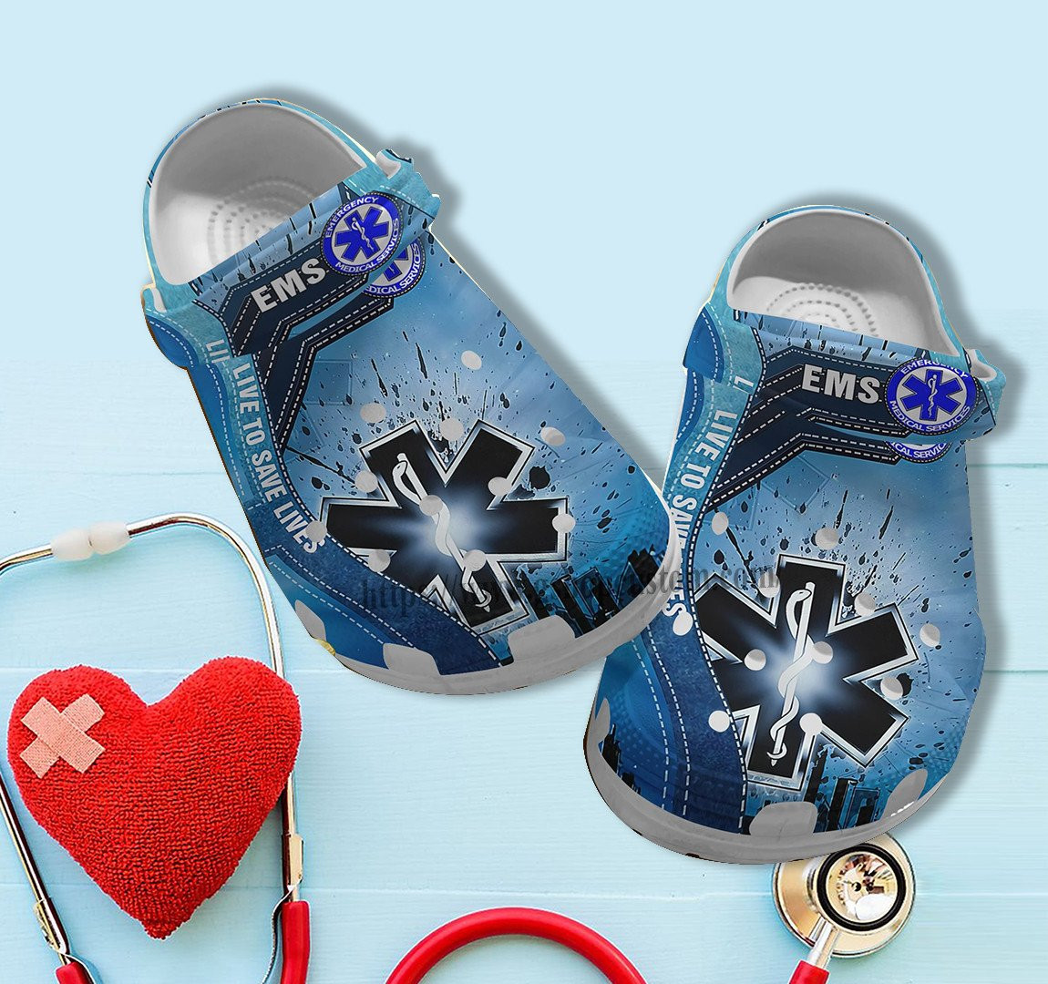 footwearmerch-ems-live-to-save-lives-blue-croc-shoes-gift-grandaughter-birthday-ems-worker-shoes-croc-clogs-for-team-ems-wumol