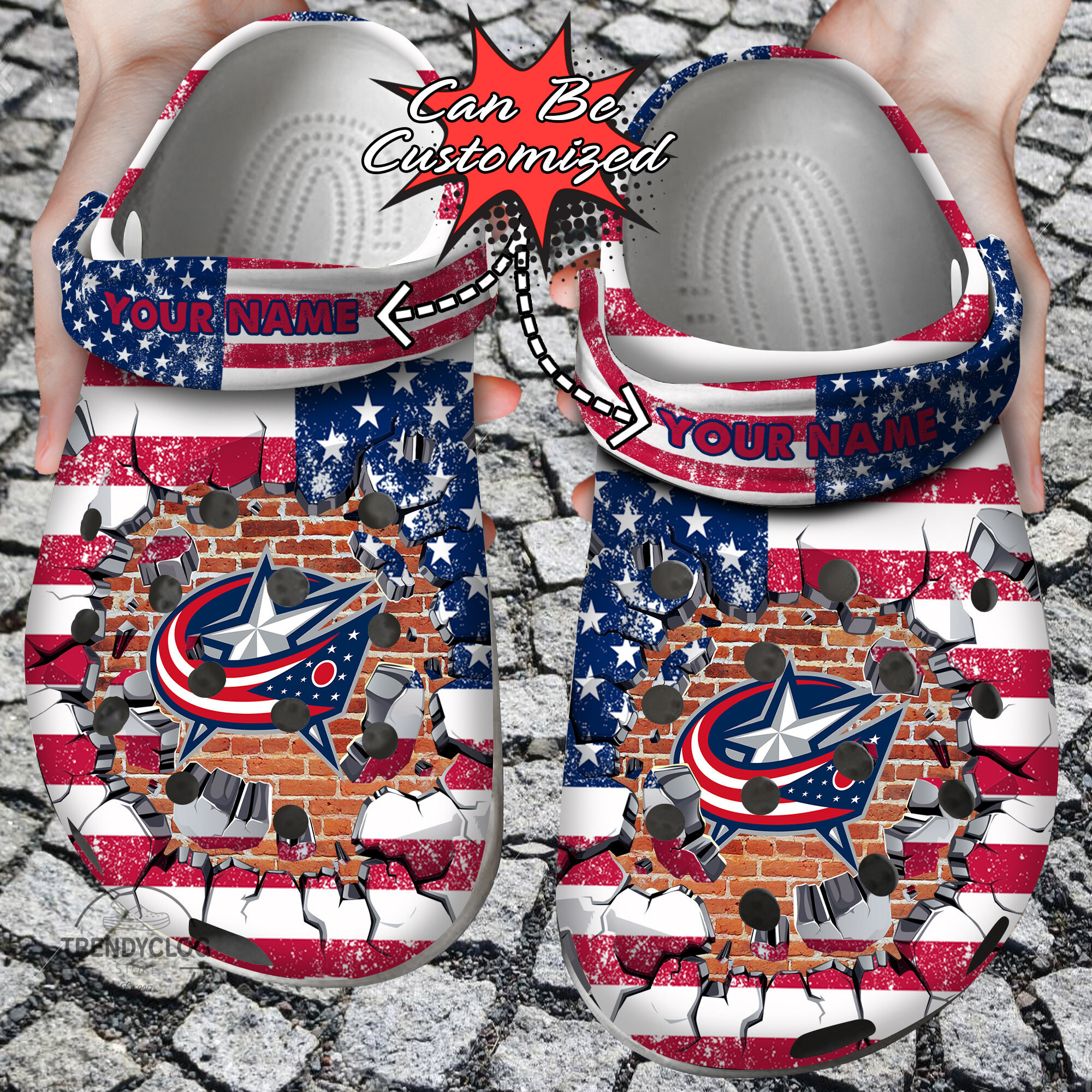 Footwearmerch Hockey Personalized CBlue Jackets American Flag Breaking Wall Clog Shoes