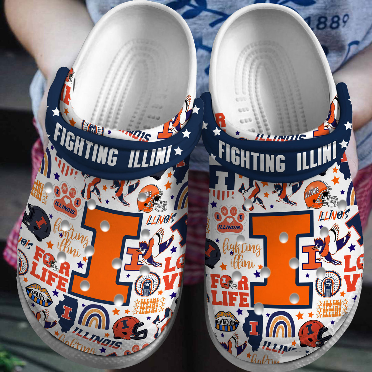 Footwearmerch Illinois Fighting Illini NCAA Sport Crocs Crocband Clogs Shoes Comfortable For Men Women and Kids