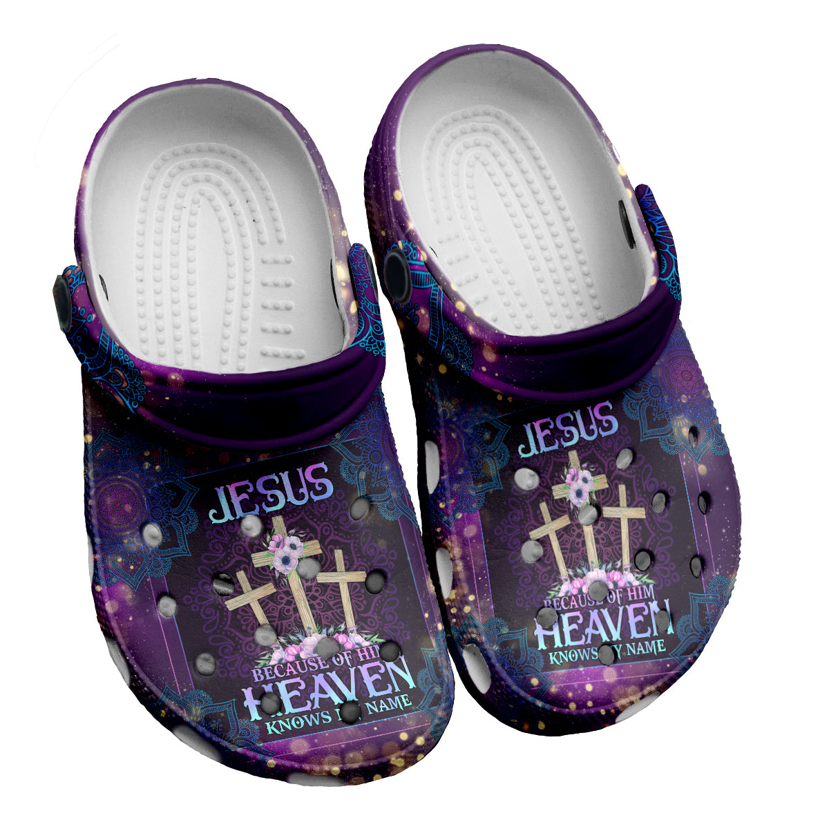 Footwearmerch Jesus Because Of Him Heaven Knows My Name Customized Crocs Crocband Clogs Shoes Comfortable For Men Women and Kids Gift For Jesus Lovers