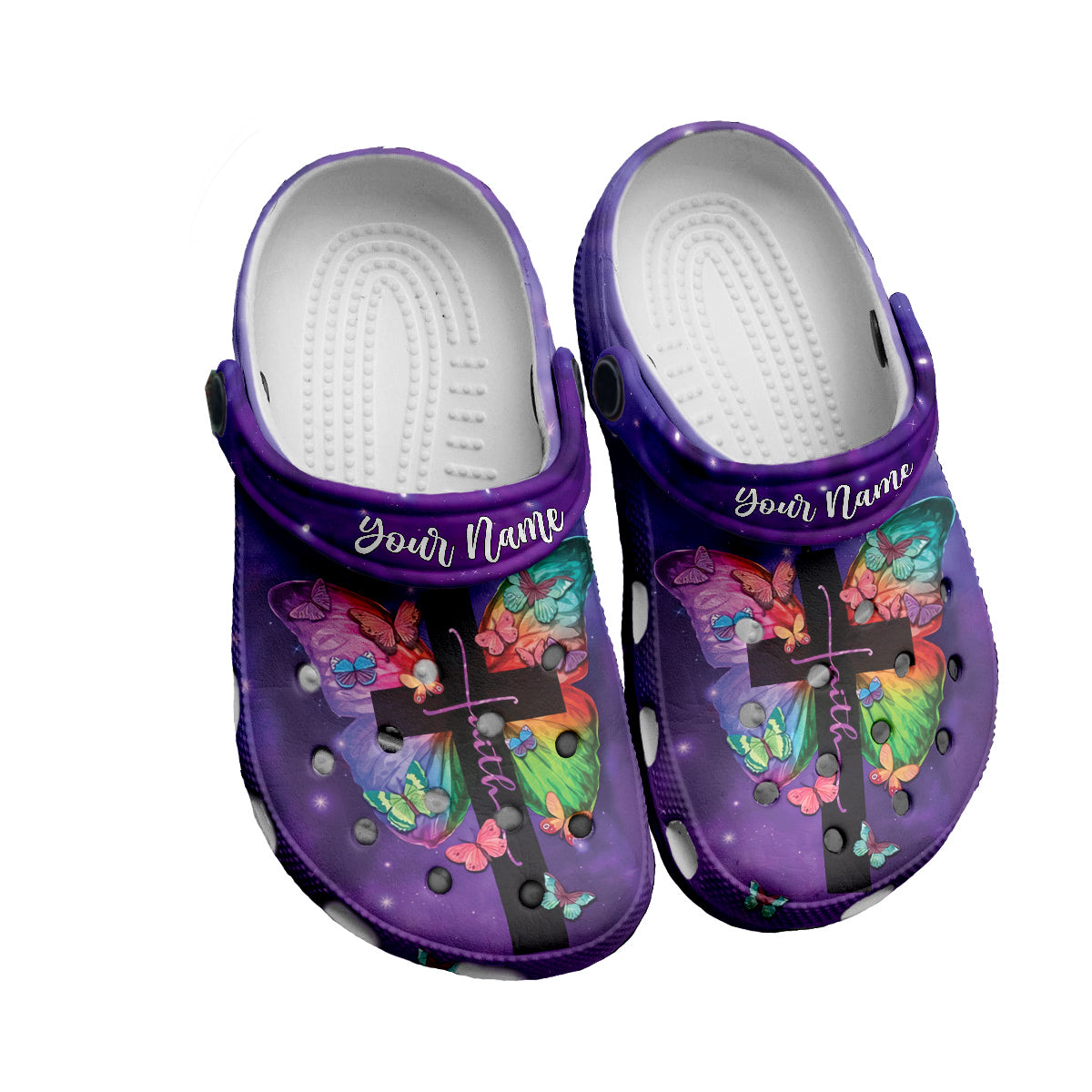 Footwearmerch Purple Butterfly Faith Jesus Customized Crocs Crocband Clogs Shoes Comfortable For Men Women and Kids Gift For Jesus Lovers